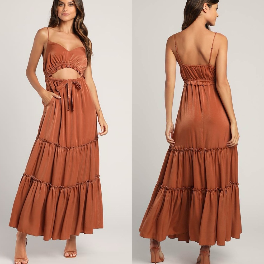 Lulus | Tiers to Sun Rust Brown Satin Cutout Maxi Dress With Pockets